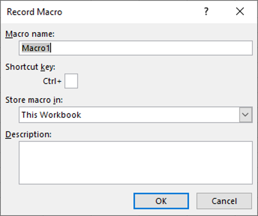 Record a Macro window in Microsoft Excel