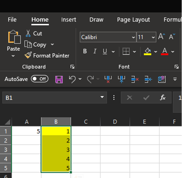 Microsoft Excel Sheet Opened with 5 cells selected in yellow